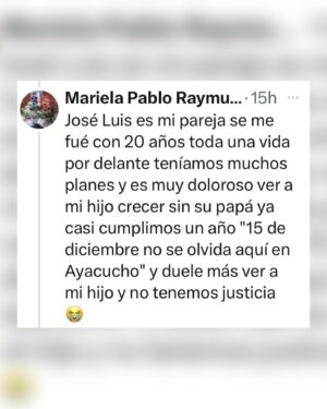 Tatiana Astengo Instagram - Jose Luis Aguilar Yucra (20 años) 
Retornaba después del trabajo a su casa cerca al aeropuerto de Ayacucho cuando al asomar la cabeza por una esquina recibió un impacto de bala en el cráneo. Su muerte fue instantánea. 
Jose Luis no participaba de la marcha, padre de un niño de 2 añitos! 
Esa es la tragedia como bien dice @rosamariapalacios.pe detrás de todo este despropósito hay seres humanos, familias, niños, huérfanos…
Aquí se trata del derecho a la vida! 
Este joven ayacuchano ya había sido víctima del conflicto armado, primero mataron a su madre y los militares desaparecieron a su hermano y hace un año otro militar le quita la vida. 
A su niño solo le queda besar la fotografía de José Luis 🥹 (ver foto)
la pareja de José Luis, Mariela Pablo, me escribió ayer vía X ( Twitter) para contarme que esta barbarie vestida de política le arrebató su único sustento y la posibilidad que su hijo creciera al lado de su padre. 
Esto no es justo! Morir así no es justo y menos sabiendo que se trataron de órdenes de parte de quienes deberían protegernos! 
Acabaron con sus sueños y le quitaron el abrazo de su padre a un niño. 

#nosfaltan50
#dequecolorsontusmuertos 
@mariocolan 
@cnddhhperu 
@larca.meicap 
#niolvidoniperdon

dequecolorsontusmuertos.pe
