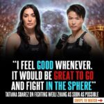 Tatiana Suarez Instagram - Who wants to see Tatiana Suarez vs Zhang Weili at The Sphere? #UFC306 Full swim interview with @tatianasuarezufc on my YouTube channel now! . . . . #TatianaSuarez #ZhangWeili #UFC #MMA #Fight #Vegas #LasVegas #TheSphere #fyp #explore #explorepage #swimming #swim