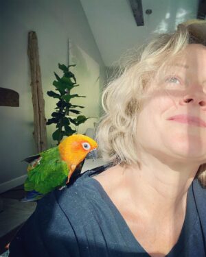 Teri Polo Instagram - Good morning, sun salutations…

#nugget #nuglife #dailynugget #mister #conure #conuresofinstagram #grateful #morning 

(Nuggie has spring fever and has been picking his feathers due to the surge in hormones. It can make these guys very neurotic sometimes. He has an implant that is helping to regulate and balance his hormones. So please don’t worry about his blotchy back and chest. He guud!)
✌🏼❤️