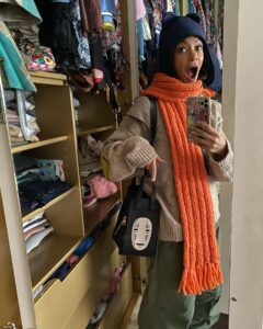 Thandiwe Newton Instagram - Nah mate!!!! Have you SEEN the new collaboration @loewe @studio_gibli ? #NoFace Dream come true. I freakin’ love @jonathan.anderson Hat @maisonmichel Pants @engineered_garments_official Sweater #KapitalJapan Scarf @swanny_stitches