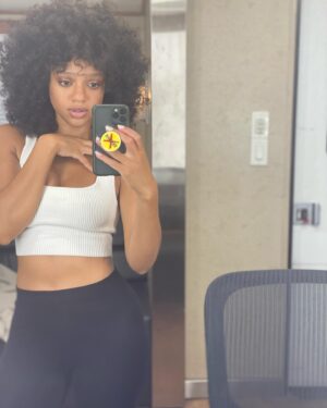 Tiffany Boone Instagram - I am notoriously bad at taking pics on set except for in my trailer 🙈 Bye, Roxy. Thanks for all the good hair, makeup and fits 😝 #HuntersTV out now!