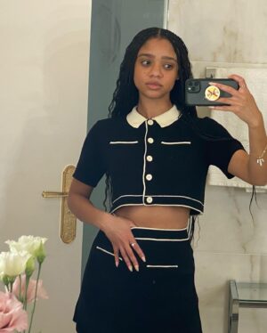 Tiffany Boone Instagram - Baby’s first time in Paris.

All love to the @miumiu team 💚