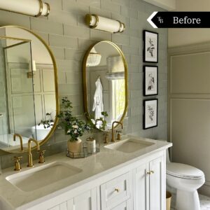 Tiffany Brooks Instagram - Took this serene green bathroom and brought it back to builder-grade 💪

(Swipe for the before) 

.
.
.

Hopefully y’all see this post on April 1st so you don’t think I’ve lost my damn mind 😩🤞

#aprilfools #beforeafter #prank #interiordesign #buildergrade #buildergradeupgrade #aprilfoolsjoke #bathroomupgrade