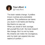 Tina Lifford Instagram - The brain's primary function is to support our survival, not to help us grow or make us happy. 🧠 That's the surviving self part of us. It wants to keep us safe, so it doesn't like change.⁠ ⁠ However, the thriving Self wants to move forward. It allows us to hope, dream, make new choices, and see ourselves as connected to something more powerful than our anxious thoughts. This Self can be in new or difficult circumstances and not feel defined or limited by them.⁠ ⁠ Do you usually look at life from a place of fear or curiosity about what's possible? Share your thoughts in the comments.👇🏾⁠ ⁠ ⁠ ⁠ ⁠ #tinalifford #innerfitnessproject #thrivingself #selfcarejourney⁠ #spirituallyfit #livewell #tinalifford #mindsetofgreatness #greatnessawaits #createyourlife #focusonyourself #greatnessmindset #qotd #passion #innerfitness #dreambig #livewhatyoulove #dowhatyoulove #purposedriven #soulfulliving #theinnerfitnessproject #mindbodygreen #soulwork #spiritualliving #selfdiscovery #daregreatly #greatness #spirituallycentered
