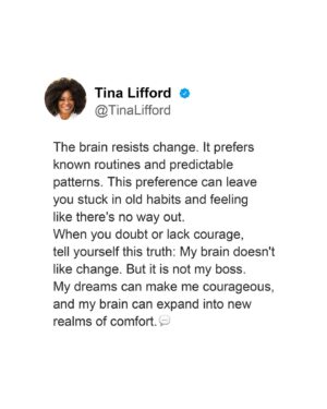 Tina Lifford Instagram - The brain's primary function is to support our survival, not to help us grow or make us happy. 🧠 That's the surviving self part of us. It wants to keep us safe, so it doesn't like change.⁠
⁠
However, the thriving Self wants to move forward. It allows us to hope, dream, make new choices, and see ourselves as connected to something more powerful than our anxious thoughts. This Self can be in new or difficult circumstances and not feel defined or limited by them.⁠
⁠
Do you usually look at life from a place of fear or curiosity about what's possible? Share your thoughts in the comments.👇🏾⁠
⁠
⁠
⁠
⁠
#tinalifford #innerfitnessproject #thrivingself #selfcarejourney⁠
#spirituallyfit #livewell #tinalifford #mindsetofgreatness #greatnessawaits #createyourlife #focusonyourself #greatnessmindset #qotd #passion #innerfitness #dreambig #livewhatyoulove #dowhatyoulove #purposedriven #soulfulliving #theinnerfitnessproject #mindbodygreen #soulwork #spiritualliving #selfdiscovery #daregreatly #greatness #spirituallycentered