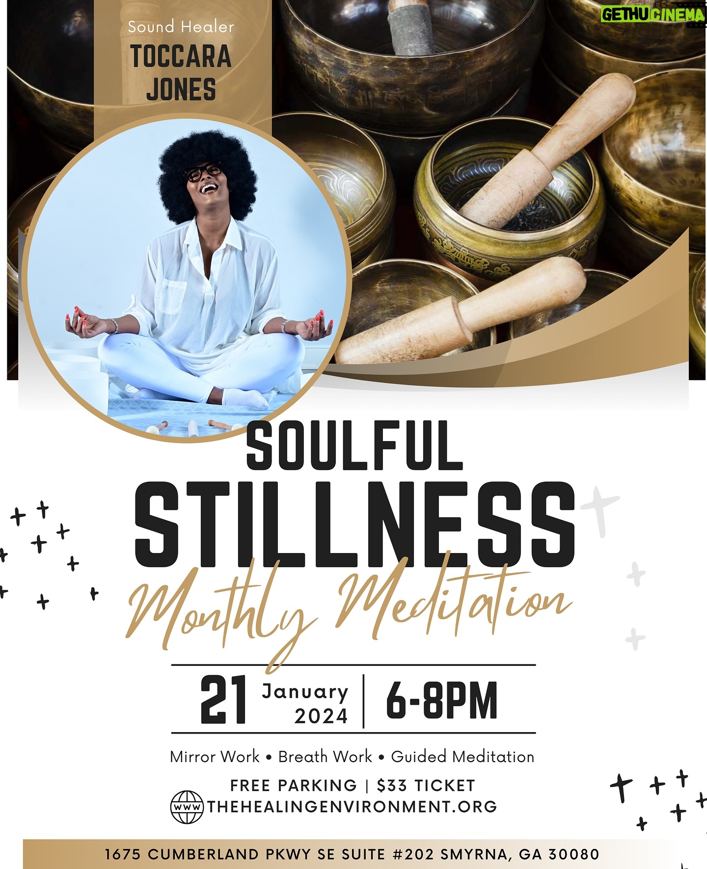 Toccara Jones Instagram - @the_therapeutic_sanctuary Presents… “Soulful Stillness Rendezvous” A Meditative Sound Bath Event With Supermodel, Actress & Sound Healer, Toccara Jones. Sunday, January 21st from 6-8pm. New month • New year • New goals Join us & discover the serenity that lies within you at @thehealingenvironment | 1675 Cumberland Pkwy SE #202 Smyrna, GA 30080. Limited spots available. Reserve Your Spot Today for $33.00 per registration ticket. FREE PARKING Tag your spiritual crew and meet me there! 🥰💞💫 🎟️ Purchase Tickets: thehealingenvironment.org (Click link in bio) 🧘🏾♀️What is Soulful Stillness Rendezvous? A sanctuary for your mind, body and soul curated by Toccara Jones. Each month, we invite you to immerse yourself in a serene oasis of self-discovery, relaxation and rejuvenation. Nurture your soul, find inner stillness and embrace the journey to a more balanced and harmonious life. #healing #soundbath #soundhealer #meditation #spirituality #spiritualevent #Light #love #peace #wellness