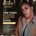 Toni Tones Instagram - I got nominated for an AMVCA guys!!! 🤗🥺 For my role as Goldie in Brotherhood. 🤍 This is my second nomination and it is a full circle moment for me! Since I started my career, I dreamt of playing action roles but I wasn’t getting the opportunities. I’m a firm believer in hard work, perseverance and faith. So years ago, even as I prayed to God for these action roles, I decided to meet him half way and started prepping myself physically and mentally. I made a post about on how in 2019 (swipe to see post) Writing that post was me telling God “I believe in you so much that I’m going to put it out there that I’ve asked you for this, I’m taking steps in faith and I know you will NOT fail ”. I won’t lie sha, as years passed, there were times I wondered if it would ever happen or if I was just fooling myself. But Boy, not only did God come through, he exceeded my expectations. Not only is Brotherhood is the best action film out of Nollywood, He’s also given me an AMVCA nomination that I never even thought to pray for. A testament to his goodness and faithfulness. My father who never fails, I thank you. Thank you @jadeosiberu for the amazing opportunity to play Goldie and literally making my action dreams come true. Thank you to @africamagic for the recognition. Thank you to the amazing cast and crew of Brotherhood, that worked tirelessly to make this film epic. 11 nominations in total because rockstars! And thank you to all of you for the never-ending love and Support you show me. As an actor, I pour my heart and soul into every role I play and you always make me feel seen and appreciated. You are the reason I do what I do, couldn’t have done this without you. From the bottom of my heart, Thank you ❤️