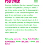 Trace Lysette Instagram - Summer Cover for @polyesterzine 🌸 in conversation with my amazing friend @tatianamaslany link in bio Thank you to everyone who worked so hard on this 🙏 Interview by: Tatiana Maslany / @tatianamaslany Photographer, concept and creative director: Andrea Riba / @misscinematica Hair: Gregg Lennon Jr. / @gregglennonjr Makeup: Abigail Smith / @abigailsmith.mua Styling: Michy Milli / @michymilli Lighting: Felix Bartlett / @bartlettfelix4  EIC: @ionegamble PR: @wolfkasteler