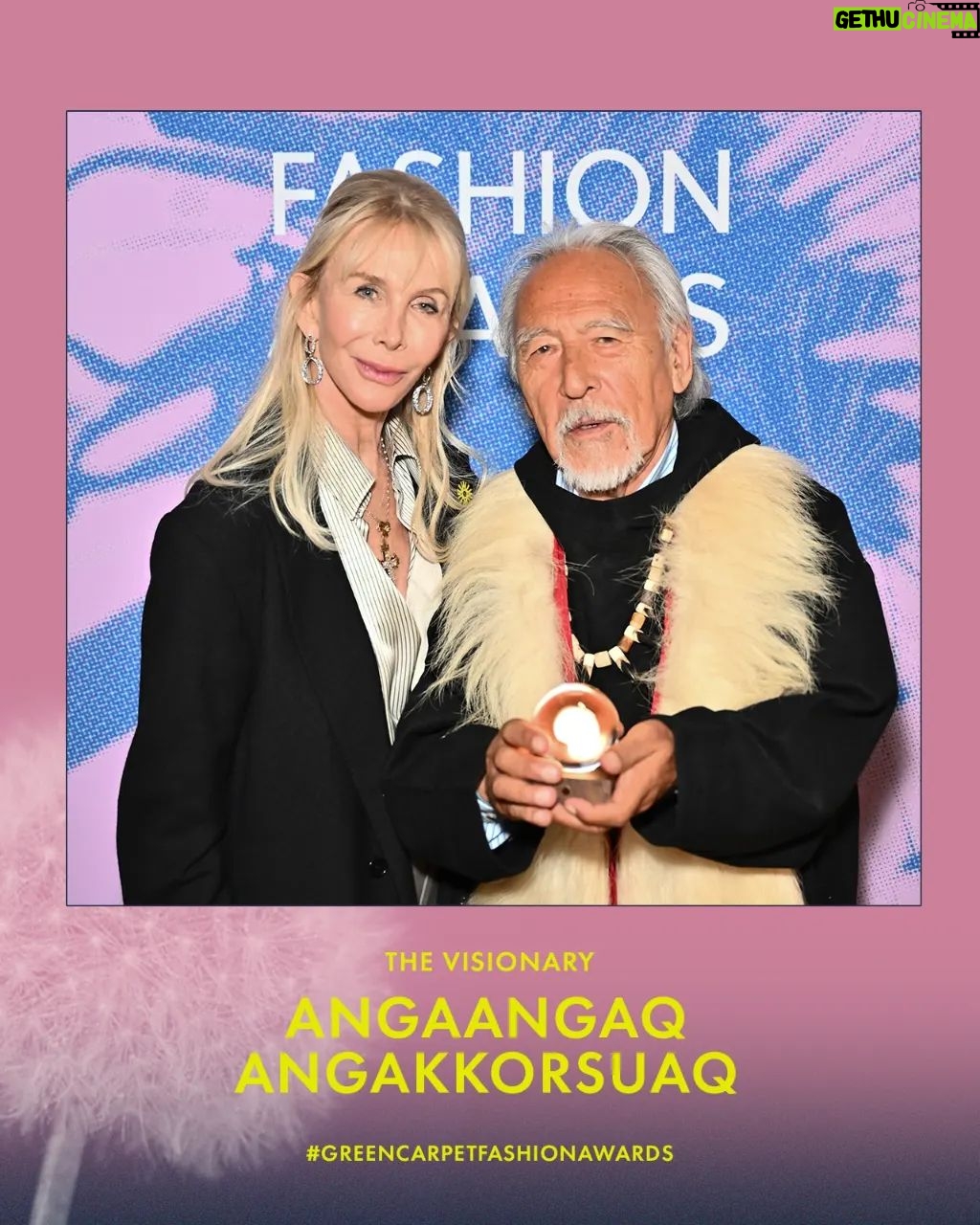 Trudie Styler Instagram - đ The Visionary: Angaangaq Angakkorsuaq @angaangaq_. Presented by @trudiestyler âAn innovative thinker who can see the path to a better worldâ The Visionary honour goes to Angaangaq Angakkorsuaq, Inuit Kalaallit elder and storyteller from Greenland and carrier of the Qilaut (wind drum). As a advocate for the environment and Indigenous issues, he has lectured and participated in events in 70 countries in the world. His spiritual task - given by his mother - is to "melt the ice in the heart of men". It may be difficult to grasp and we tend to shut down when we hear scientists tells us that today the Greenland ice cap is losing an average of 30m tonnes of ice an hour due to the climate crisis, melting faster than most scientists predicted.  As Angaangaq says: We canât plant ice - when itâs gone itâs gone. But we can protect it.  Find out more on greencarpetfashionawards.com #GreenCarpetFashionAwards