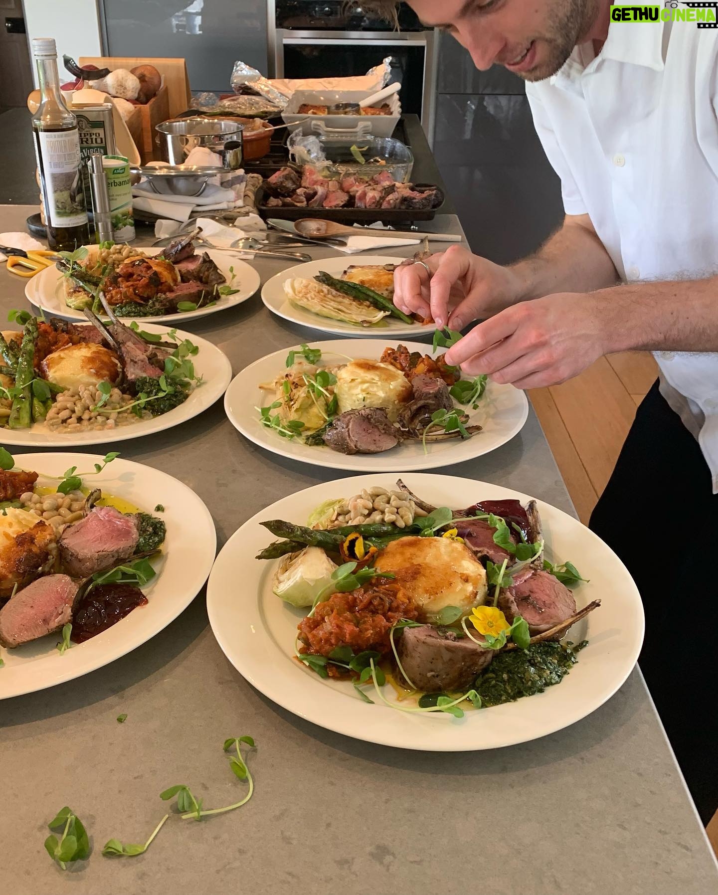 Ulrika Jonsson Instagram - At Christmas I swore I wouldn’t do any more family dos…. Then came Easter. And the opportunities for us all to get together become fewer and further between. Besides, I love to break my back and truly exhaust myself in some sadistic process so it might as well be cooking and hosting. Rack of lamb, marinated in olive oil, lemon, garlic, oregano and rosemary. Barbecued. Ratatouille. Wild garlic salsa verde. Flageolet. Dauphinois Potatoes. Chargrilled Hispi cabbage. Chargrilled asparagus. Wild garlic purée which I forgot to serve cos I’m a twat. Love my family but you can all go now. Missed you, Bo Jonsson but sure the Bahamas don’t suck.