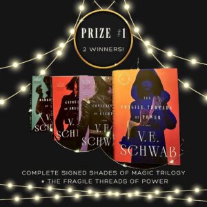 V. E. Schwab Instagram - GIVEAWAY CLOSED! ALL WINNERS HAVE BEEN MESSAGED :) Heads up, Buttercups! It’s time for a big holiday giveaway! I couldn’t decide on just one  prize, so I chose them all. Enter to win 1 of 4 different prizes. There will be 9 winners total!

Prize #1- (2 winners) A complete signed Shades of Magic Trilogy   The Fragile Threads of Power (US edition)

Prize #2- (1 winner) A signed Owlcrate edition of The Fragile Threads of Power (why is it so pretty?)

Prize #3- (1 winner) A signed Forbidden Planet edition of The Fragile Threads of power (so many special details!)

Prize #4- (5 winners) A perfect duo of a lenticular bookmark   signed bookplate with my new sigil! 

All you have to do to enter is:

⭐️ Like this post
⭐️ Follow this account (@veschwab)
⭐️ Tag a bookish friend in the comments and tell me which prize is your first pick (no promises)
⭐️ Share this post in your stories for an extra entry!

Giveaway ends Dec 24th at 11:59 EST. Open internationally!