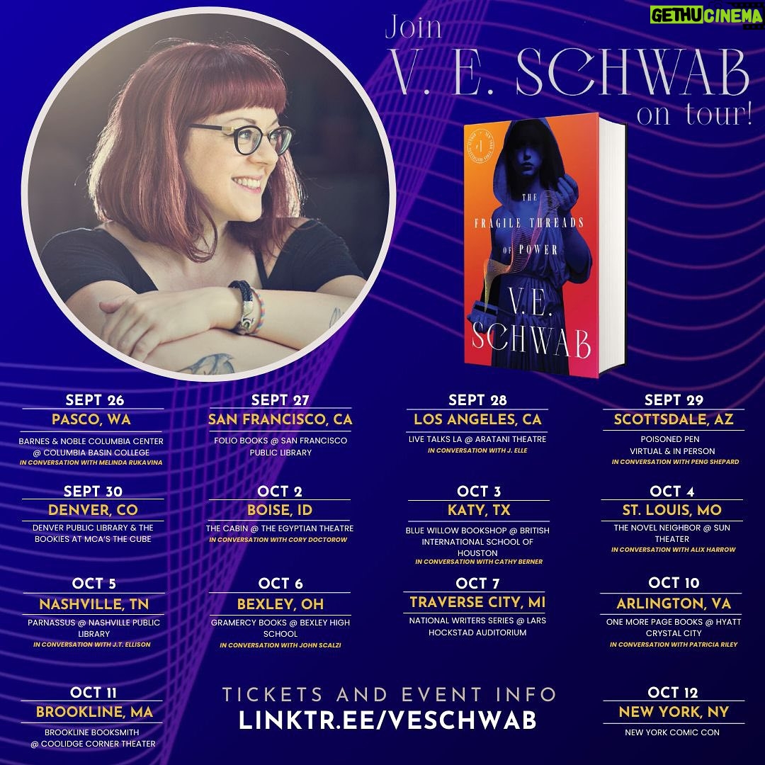 V. E. Schwab Instagram - The US Threads of Power tour is officially happening! I’m honestly pretty blown away by the stops, the venues, and the company I’ll be in! Swipe for close-ups. And here’s the list in caption form: 🪡 Pasco, WA 🪡 San Francisco, CA 🪡 Los Angeles, CA 🪡 Scottsdale, AZ 🪡 Denver, CO 🪡 Katy, TX 🪡 St. Louis, MO 🪡 Nashville, TN 🪡 Bexley, OH 🪡 Traverse City, MI 🪡 Arlington, VA 🪡 Brookline, MA 🪡 NYC, NY The events are all ticketed (link in the bio), and they’re likely to sell out, so if you want to come and see me and my wonderful conversation partners, I recommend grabbing your ticket as soon as possible! 🪡 UK tour details to come. #shadesofmagic #threadsofpower #veschwab