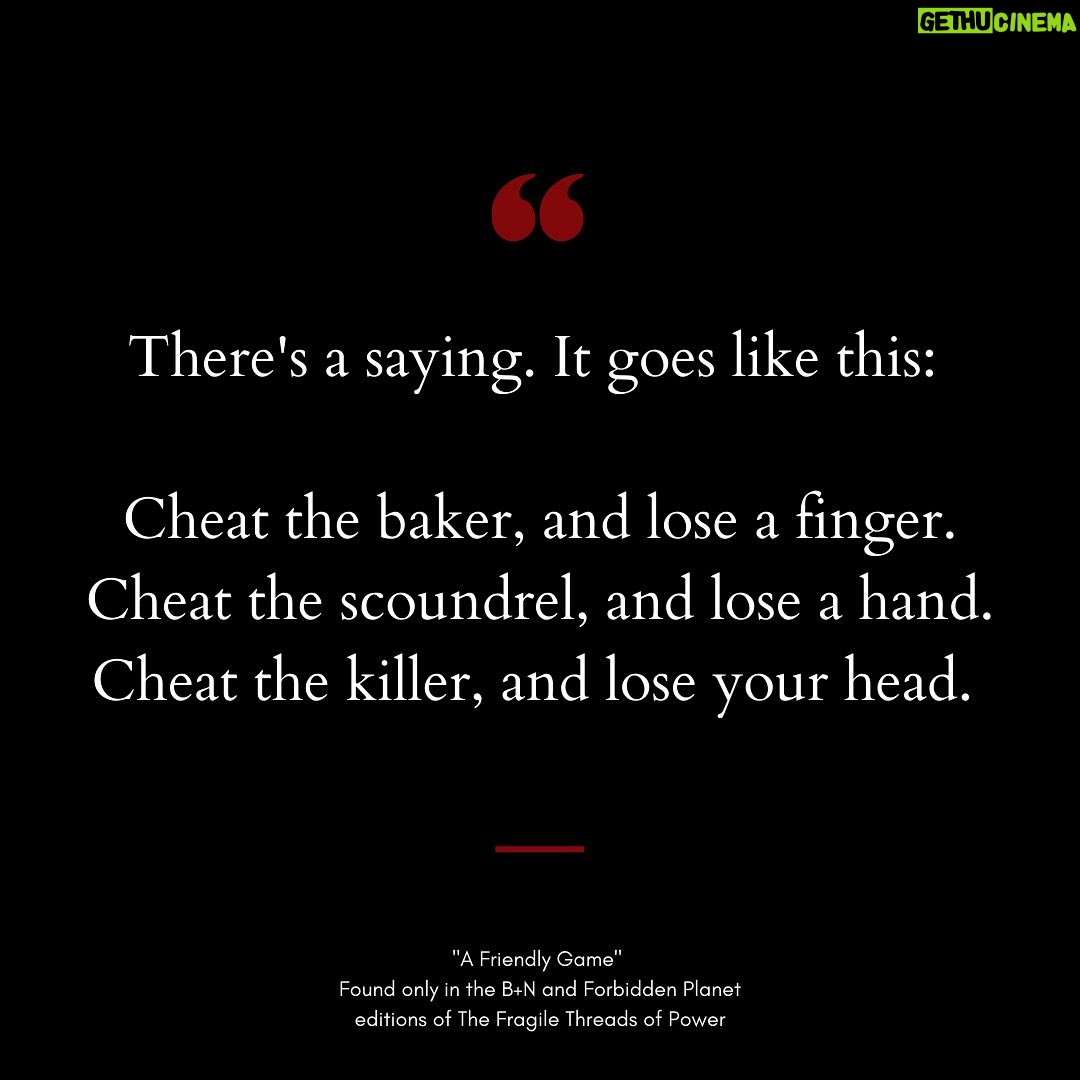 V. E. Schwab Instagram - It's Friday, which means it's time for another snippet from The Fragile Threads of Power. This week, I polled the audience, and you said you wanted to meet some new VILLAINS, so I'm thrilled to introduce you to two of my favorite new baddies, a pair of sell-swords named Bex and Calin who kill people for a living, but spend their spare time trying to kill each other. Since most of the snippets of these two from Threads itself are full to the brim with spoilers, I'm giving you a glimpse of "A Friendly Game," the short story about them that's in the BN special edition.