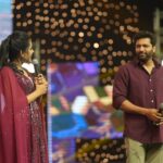 VJ Kalyani Instagram - SWIPE >>>💛💛 Absolute special moments on stage:) Fab time hosting the audio launch with the massive crowd...💛 ... 📸: @gett_o_ Muah: @binduinstyl_ Wearing: @lithas_rentals #audiolaunch #doubletuckerrr #host #workishappiness #VjKalyani🎤