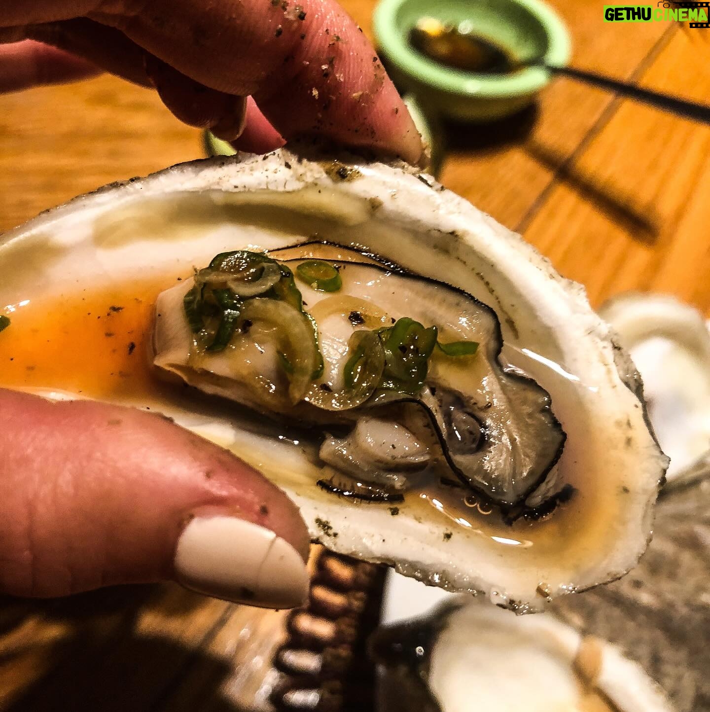Valentine Thomas Instagram - Food 😍 1- happy place 2- oysters on the grill 3- amberjack crudo, pomegranate, fennel 4- grilled oysters, Asian mignonnette, my dirty fingers 5- hasselback potatoes, anchovy cream 6- Cured gag grouper, smoked crème fraîche, capers 7- Turkish eggs 8- Butter clams 9- scallops carpaccio, cayenne, honeydew, ginger
