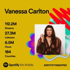 Vanessa Carlton Instagram - Hi there, Vanessa here. I just wanted to say a quick but huge thank you for listening to my music on Spotify. I also can’t wait to share the new music I’m working on! 
Soon…
Love,
V