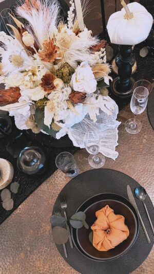 Vanessa Evigan Instagram - A fun tablescape idea that my kids think is fun and “spooky” and that I could enjoy myself at too 😭 Halloween is growing on me since I had kids who love it! Maybe one day I’ll love it as much as they do! Mom says I loved it as a kid…. So there’s hope! I do love any opportunity to decorate our table!