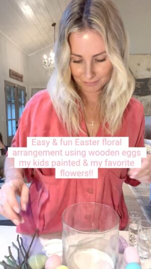 Vanessa Evigan Instagram - DYI Easter floral arrangement with homemade wooden eggs my kids painted! It’s Fun, easy. festive! 🐰 🪺 🐣