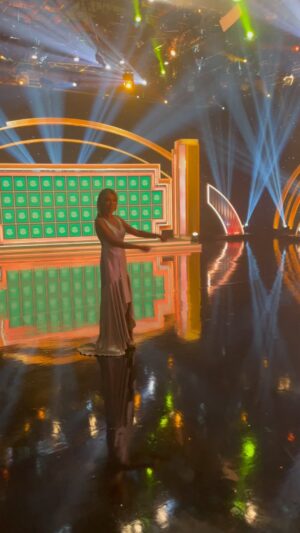 Vanna White Instagram - Another peek at a commercial break. This time @k.schaal joined the fun. Bonus Fact: I don’t get to keep the dresses, but the shoes and jewelry are mine. 😀#celebritywheeloffortune