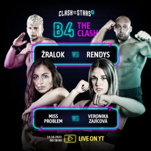 Veronika Zajícová Instagram - ‼️ ÚTERÝ, 10.10.2023, 18:00 ‼️

Tentokrát máme pro vás parádní kombinaci zápasníků. 🥊 @tomas_linh_le_sy vyzpovídá hned čtyři účastníky: @rendys97_ifbb_elitepro , @zralok_patrik , @bjjmisa a naši novou tvář @zajicovafighter . 🎙️💥

Miss Problém slíbila, že na B4THECLASH řekne všechno o jejich konfliktu s Veronikou a její rodinou, takže to bude opravdu napínavé a zároveň proběhne i jejich první STAREDOWN. 👀

Mezi Rendysem a Žralokem to nijak nevře, ale jak už jsme viděli, Žralok trénuje s Veronikou, takže se dá očekávat, že tu proběhne vyostřená debata proti @bjjmisa 🔪

Nenechte si to ujít! ‼️ Připojte se k nám v ÚTERÝ na našem YOUTUBE kanále a sledujte to všechno naživo! A nezapomeňte říct i svým kámošům, že začínáme už v ÚTERÝ! 🔥🥊 

📆 10.10.2023. ÚTERÝ
🎪 ŽIVĚ NA YOUTUBE CLASH OF THE STARS
⏰ 18:00

A nezapomeňte také, že na všechny zápasy si můžete vsadit u @ifortunacz, a s promokódem "CLASH1300" získáte při nové registraci bonus 1300,- na vaše sázky! 🤝
📆 28.10.2023
🎪 @o2universum
🎫 VYPRODÁNO
🎯 PPV V PRODEJI JIŽ BRZY