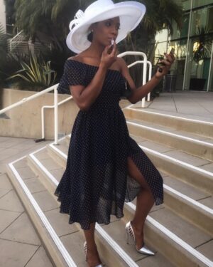 Vicky Jeudy Instagram - Memory Lane : My wide brim #Hat & My favorite #PolkaDot dress. XOXO 💋 #VickyJeudy | #OITNB #JanaeWatson #Fashion #Look