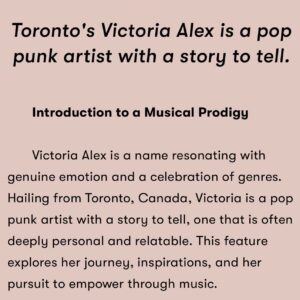 Victoria Azevedo Instagram - I'm so grateful! Thank you @notion for featuring my music and recognizing my artistry!!!

Thank you to my fans
And my team!! 
Iove being on this journey with you! 

EP 2024! ❤️‍🔥❤️‍🔥❤️‍🔥

link to the article in my bio:)

#poppunk 
#torontomusic 
#grateful