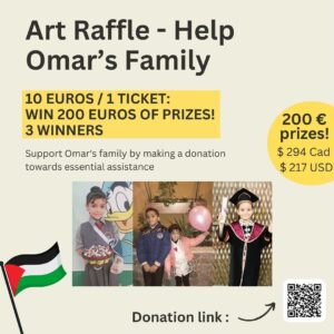 Victoria Ying Instagram - Art Raffle for Omar’s family 🇵🇸

SHARES APPRECIATED

Donate for a chance to win 1 of 3 Prize packs of 200 Euros / 294 cad / 217 USD value

🇵🇸 We are organizing an art raffle to boost Omar’s ( @oqomar ) fundraiser for his family who are currently trapped in Gaza.

Gaza is under relentless attack and funds are urgently needed for medical treatments, survival, and evacuation for Omar’s family.

Help get the campaign past the first goal of 25,000 Euros, the final goal is 60,000 Euros.

✍🏼RULES:

10 Euro donation = 1 entry
( 20 Euros donation = 2 entries
30 Euros donation = 3 entries and so on !)

1. Donate at least 10 Euros directly to Omar’s campaign. ( link in QR code in post/bio)
2. EMAIL a screenshot of your donation to Email oqartfundraiser@gmail.com
3. ⁠ Must show recent date of donation
4. You will be added to a randomized draw for a chance to win 1 of 3 prize packs valued at 200 Euros / CAD 294 / USD 217
5. 3 Winners are picked when the campaign reaches/passes 25,000 Euros.
6. Shipping is free / we will ask for your address and ship prizes to you if you win the raffle.

🎁Prizes : ( see in post )

▪️1 x art print - 6” x 18” size @devinellekurtz 
▪️1 x 4 print bundle ( assorted designs )   1 bunny or doggo enamel pin / @sugarmints 
▪️1 set of 3 vinyl stickers ( strawberry milk car/ orange juice bus/ Milky Way) @yudoart 
▪️1 ceramic broach ( cat, butterfly, or diamond )   1 enamel pin / @toutoune.gallery / @mewnettelapalmew 
▪️1 smiley ceramic mug/cup friend / @creationsli 
▪️1 x 1 rainbow washi tape   3 pins ( pegasus cat, rainbow cat, yellow angel cat ) bundle / @mewmimewmo 
▪️1 x 1 fish keychain   1 set of stickers (seal, whale, shark, octopus ) / @fifeefofum 
▪️1 set of stickers @victoriaying 

If you cannot donate, please like, comment, share, and save to boost this campaign! As help is urgently needed.