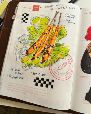 Victoria Ying Instagram - Using my hobonichi for daily diary sketching. I used tomboy markers and pilot signos. The paper is surprisingly resilient though you can see a little ghosting. Where my journaling peeps at?? #journalart #travelsketch #watercolor #tombow #tombowusa
