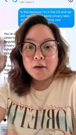 Victoria Ying Instagram - Meta’s A. I training. We can’t opt out as people in the US. Ask for privacy laws like the EU!!