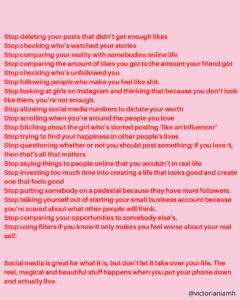 Victoria Spence Instagram - There isn’t a manual on navigating the online world, and I think those of us who didn’t even have it until our late teens cannot even imagine what it must be like for young people these days.⁣ ⁣ Over the years of having social media, These are all of the things that either me, my friends, or the young girls I’ve led workshops for have struggled with, and I think so many of you will be able to relate.⁣ ⁣ If you take a step back, none of this stuff that we allow to consume our minds *actually* matters, and what does matter is that we’re showing up as ourselves, that we have real people around us, and that we’re experiencing actual life!🦋 #socialmedia#relatable