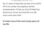 Victoria Spence Instagram – If you’re looking back on your year feeling like it’s been a waste because you’re judging it by society’s standards, I hope that sharing the reality of mine can give you some perspective.🫶🏻

Thank you so much for listening to my rambles, skanking with me and being here while we figure out how to do life- you’s mean more to me than you’ll know! Sending you all my love and wishing you a lovely new year ❤️❤️#lessonsivelearned #2023reflections