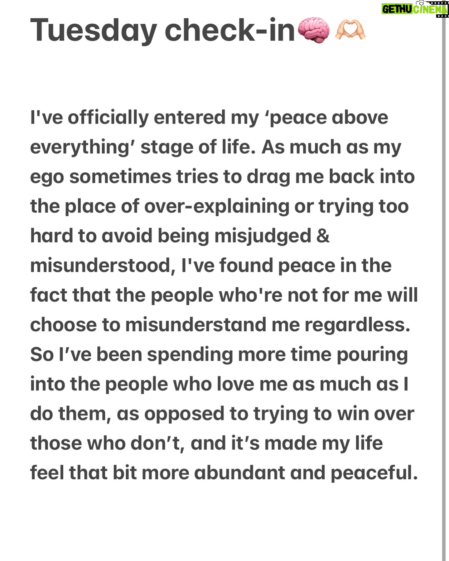 Victoria Spence Instagram - Tuesday check-inš§ š«¶š» Iāve officially entered my āpeace above everythingā stage of life. As much as my ego sometimes tries to drag me back into the place of over-explaining or trying too hard to avoid being misjudged & misunderstood, Iāve found peace in the fact that the people whoāre not for me will choose to misunderstand me regardless. So Iāve been spending more time pouring into the people who love me as much as I do them, as opposed to trying to win over those who donāt, and itās made my life feel that bit more abundant and peacefulšš¼āāļøš§ šŗ #journalentry #mindset #selflove