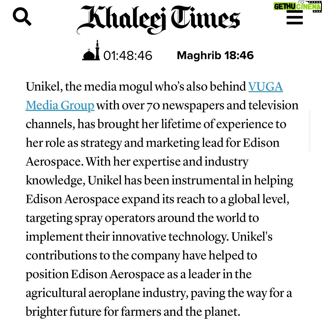 Victoria Unikel Instagram - π°π©οΈ We're excited to announce that Edison Aerospace @edison_aerospace is featured in the Khaleej Times! @khaleejtimes π Our company is revolutionizing agriculture with our innovative electric aircraft, which replace traditional airplanes used by spray operators. Not only do our planes bring sustainable energy use to the agriculture industry, but we also offer a complete package that includes a mobile Ground Control Station. This allows operators to work all day while staying safe from the daily dangers of the job thanks to the latest technology. The result? A better job done at a lower cost for farmers everywhere. We're thrilled to be the first company in the world to offer this solution and are grateful for the recognition from Khaleej Times. Thank you for your support as we continue to work towards a more sustainable future! π±βοΈ @geneavakyan @edison_aerospace @vugaenterprises #EdisonAerospace #ElectricAircraft #AgricultureTechnology #GreenEnergy #Innovation #RevolutionizingAgriculture #BetterForFarmers
