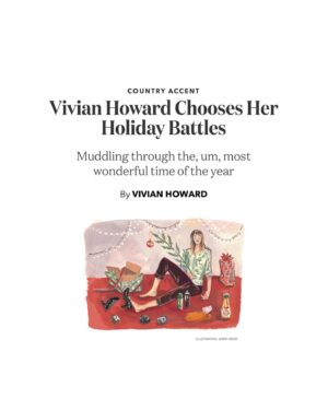 Vivian Howard Instagram - Serving up some holiday realness in my latest Country Accent in @gardenandgun. Click the link in my profile to read online, then swipe to see how it’s going so far in my living room. 🙃 illustrations by the fantastic @jkroik. 
•
“You probably know how all this hope and hyperbole ends up. Over the course of December, I quietly quit all the extra projects I had assigned myself and instead resign to do the bare minimum of what the “mom at Christmas” job description requires. So at 1:00 a.m. on Christmas Day, I’m in the living room wrapping some presents but ultimately decide to just unbox most, positioning them under our pre-lit, white-tinsel tree. When the kids wake me on the sofa, still dressed from the potluck dinner the Howards cobbled together the night before, I’m a ghost and a grinch and I decide that for Christmas this year, I am giving myself the gift of not having to make homemade biscuits. One slap of a Pillsbury Grands can on the counter later, and my present is unwrapped.”