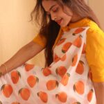 Yamuna Chinnadurai Instagram - Season for trends 🥭 Selaiyum Ravikaiyum the saree made with love Dm to @selaiyum_ravikaiyum for orders and details #onlineshopping #online #mango #georgette #website #sale #sareeshopping