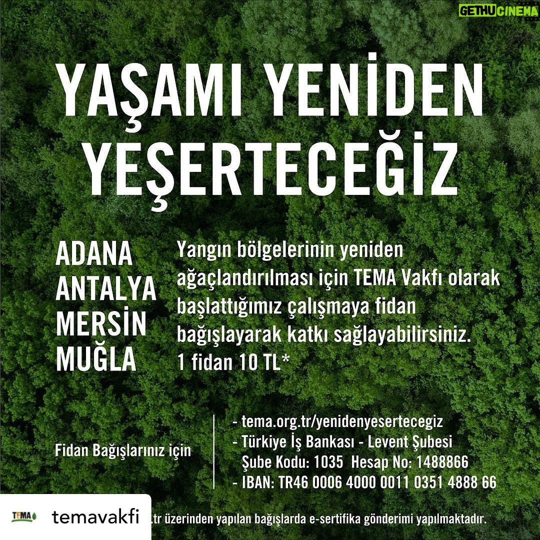 Yasemin Hadivent Instagram - @temavakfi Hep Birlikte Yaşamı da Umudu da Yeniden Yeşerteceğiz! 🌳🙏🏼 Ülkemizde çıkan orman yangınları sebebi ile zarar gören bölgelerin tekrar ağaçlandırılması için başlattığımız çalışmaya fidan bağışlayarak katkı sağlayabilirsiniz. #YenidenYeşerteceğiz 👉🏼 1 fidan: 10 TL Online fidan bağışlarınız için: www.tema.org.tr/yenidenyesertecegiz Havale/EFT bağışlarınız için: Türkiye İş Bankası - Levent Şubesi Hesap Adı: TEMA Vakfı Şube Kodu: 1035 Hesap No: 1488866 IBAN: TR46 0006 4000 0011 0351 4888 66 📌 Açıklama kısmına bağış yapmak istediğiniz il ismini yazabilirsiniz. 📌 Profildeki linke tıklayarak da bağış yapabilirsiniz. 🌿 Yalnızca tema.org.tr üzerinden yapılan bağışlarda e-sertifika gönderimi yapılmaktadır. - 📌 Web sitemizde aşırı yoğunluk sebebi ile aksaklıklar yaşanabilir. Kısa aralıklarla tekrar denemenizi rica ediyoruz.