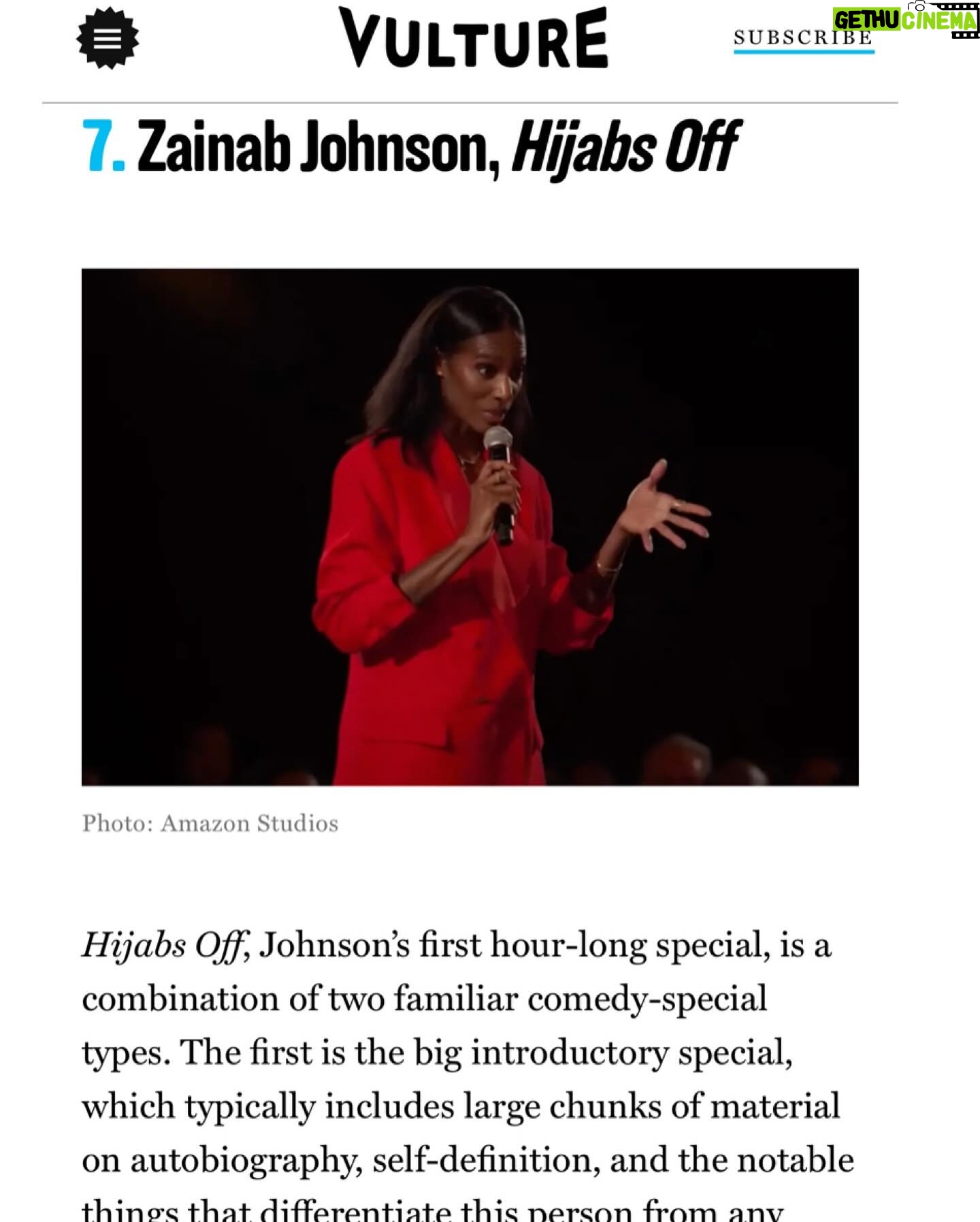 Zainab Johnson Instagram - Thank you @vulture for listing my special ‘Hijabs Off’ as one of the Best Specials of 2023. Flattered to be mentioned with some of my favs @marcmaron @bethstelling @samjaycomic If you haven’t watched yet or have and want to watch again it’s streaming on @primevideo Limited edition embroidered ’Hijabs Off’ merch AVAILABLE NOW for pre-order. UPCOMING LIVE SHOWS!! 12/22-23 Wilmington, NC @deadcrowcomedy 1/11 Manchester, CT @hartfordfunnybone 1/12 North Andover, MA @wickedfunnynorthandover 1/13 North Adams, MA @massmoca 1/20 San Francisco, CA @sf_sketchfest @bravatheater 1/26 Pottstown, PA @souljoels 2/1 Traverse City, MI @tccomedyfest 2/2-3 Lexington, KY @comedyoffbroadway 2/15-17 Baltimore, MD @magoobys 2/23-24 Dallas comedy club 2/29-3/2 Tempe, AZ @tempeimprov 3/8-10 Tacoma, WA @superfunnycomedyclub 🎟️🎟️🎟️ link in bio (More to come 😉)