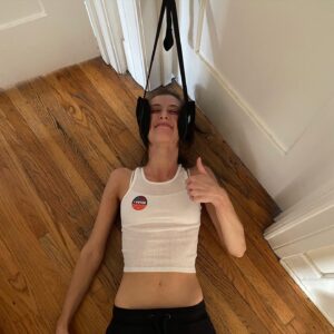 Zoe Levin Instagram - Obligatory “I voted” pic featuring the neck hammock and unseen mouth guard to ease the tension headache. Happy voting day !!! #bidenharris2020