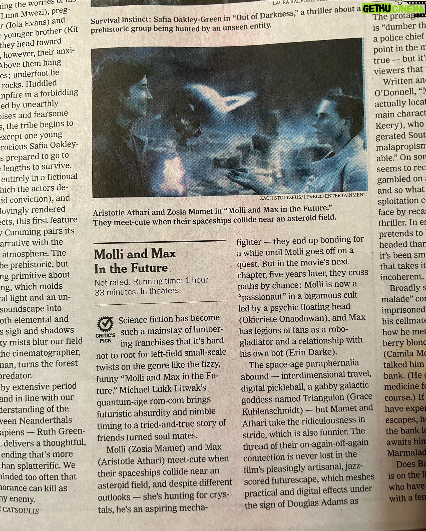 Zosia Mamet Instagram - 🚨TODAY’S THE (FIRST) DAY!🚨 97% w 30 reviews on @rottentomatoes , @nytimes critics pick! My mom’s favorite film of the year!!! 🤟👽🤟 #molliandmax tix available at our link in bio ⬆️ #scifi #romcom #indiemovie #sciencefiction #romanticcomedy #independentfilm #practicalfx #zosiamamet #aristotleathari . . . Starring @zosiamamet @air_stotle @Gkuhlenschmidt @aparnapkin @arturocastrop @oaksmash @palomagarcialee @emdarkey @matteolane @dannybur and @mchernus Writer/Director: @michaellitwak DP: @notzachs PD: @violetoven 1st AD: @morganingari Gaffer: @jessemoritz Costumes: @hannahkittellmatsuo 1st AC: @darlenachiem Lead HMU: @splatapus HMU: @samson_smith Editor: @jnaugz Color: @crushcolors_ DIT/AE: @jontruei Sound: Nick Hepding Produced by @ckuwahara @benjamin_murphy @whiskeybearprods @tedgeoghegan @malloryaschwartz @ivylam22 @kategellercasting Casting by @kategellercasting Music by @winky_pants Design/Mix by @Baritobobb Shot at @family withLED walls virtual production by @stevewithav @sebastianclore in collaboration with @choreografx. Rear screen projection green screen at @dvrg. poster by @marianomattosart