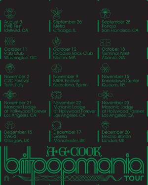 A. G. Cook Instagram - The BRITPOPMANIA tour 🌸 My first ever headline shows in Chicago, Washington, Boston, Atlanta, Glasgow & Manchester ➖ Playing NY’s Knockdown Center, London’s Electric Brixton   3 nights at LA’s Masonic Lodge ➖ Also bringing Britpop to @fwbcollection @portolafestival @clubtoclub & @mirafestival 💥

Presale on Monday 15th [9am local time] with the password: BRITPOPMANIA ➖ links & info at britpop.online

Every show will be different as we cycle thru Britpop Past, Present & Future ⏳

Artwork by @tmthy.luke
