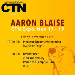 Aaron Blaise Instagram - 🔥I am very EXCITED for CTN EXPO 2023! 🎟️ Get Your Tickets at The LINK IN BIO! (SWIPE FOR MORE)

I will be doing sever in-person DEMO's including screening my new short down in #ProcreateDreams as well as a special event for the 20th Anniversary of Brother Bear 🐻

🔗 https://bit.ly/3QWYy26

See you there ! #ctnexpo202#scholarships #2dtraditionalanimation #intensive #books #prints #originalanimationart #commissions #livedemos #airportburbankmarriott #dragonslair #event #aaronblaise #snowbear #brotherbear