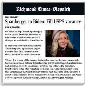 Abigail Spanberger Instagram - 📫 Only @POTUS can fill vacant seats on the USPS’s governing board. And only the board can elect — and when necessary, remove — the Postmaster General. That’s why I’m urging the President to act — because Virginians deserve a USPS that actually works.