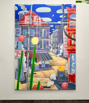 Adam Lucas Himebauch Instagram - “This is downtown, looking out my window. There’s a type of circus energy here. Always something to look at. I even added the outline of an elephant into the painting.” 

See this large painting and more at Adam’s Never Ever Land exhibition @ 956 Madison Avenue. On view until March 16th. Adam is “in residence” until the 9th! -Sydney🚀
