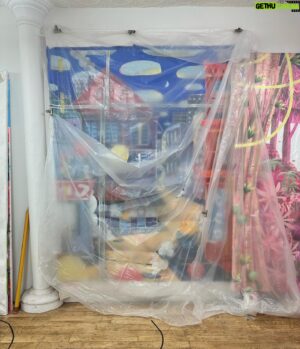 Adam Lucas Himebauch Instagram - “This is downtown, looking out my window. There’s a type of circus energy here. Always something to look at. I even added the outline of an elephant into the painting.” 

See this large painting and more at Adam’s Never Ever Land exhibition @ 956 Madison Avenue. On view until March 16th. Adam is “in residence” until the 9th! -Sydney🚀