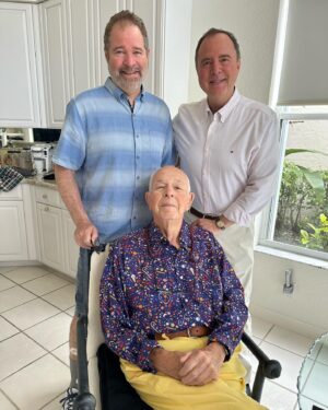 Adam Schiff Instagram - My brother, Dan, and I are celebrating Father’s Day with our 95 year-old dad, Ed. Last night we watched Marathon Man and tonight — the French Connection. Nothing says Father’s Day like classic movies with the Pa! Thanks for being such an amazing father.