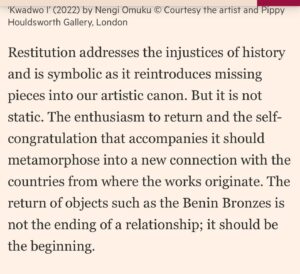 Aindrea Emelife Instagram - In this weekends @ft_weekend Life & Arts I was invited by the FT and Ben Okri to muse on the state of things.

As the newly appointed Curator (Modern and Contemporary) at The Edo Museum of West African Art (@emowaa_ ) I have been privileged and humbled to be part of the imagining of a future for West African art.

Amidst media grabbing discussion about the overdue restitution of objects, it is clear to me that the happy flappy self congratulation of returns needs to go further. Restitution is meaningless if it doesn't catalyse and connect with the present and future.

@emowaa_ is emblematic of this optimistic future. Stretching from ancient to contemporary it addresses a need to connect with a young, creative population, provide economic opportunities and expand and build museum infrastructure and sites of learning on the continent.

But it cannot be an island. If globalisation can bring Africa to the world and the world to Africa, then how does this circulation bring returns? 

In this article, I envision a truly circular global art ecosystem and authentic collaboration between our hallowed halls in the West and institutions in Africa.

I discuss @emowaa_'s plans, my first academic focus as the new Curator and wax lyrical on one of the favourite pieces of Nigerian Modernism: Nigeria 1959 by Demas Nwoko. 

The past few months have been enriching collaborative thinking between some of our greatest minds. It is an honour to learn, grow and be part of this story. 

But moreover, it is a call to arms. Restitution is the start of the conversation. Now, we must look to the future.

@emowaa_ (Edo Museum of West African Art) is a David Adjaye designed museum and cultural district and opens in stages from 2024. (@adjaye_visual_sketchbook @adjayeassociates )