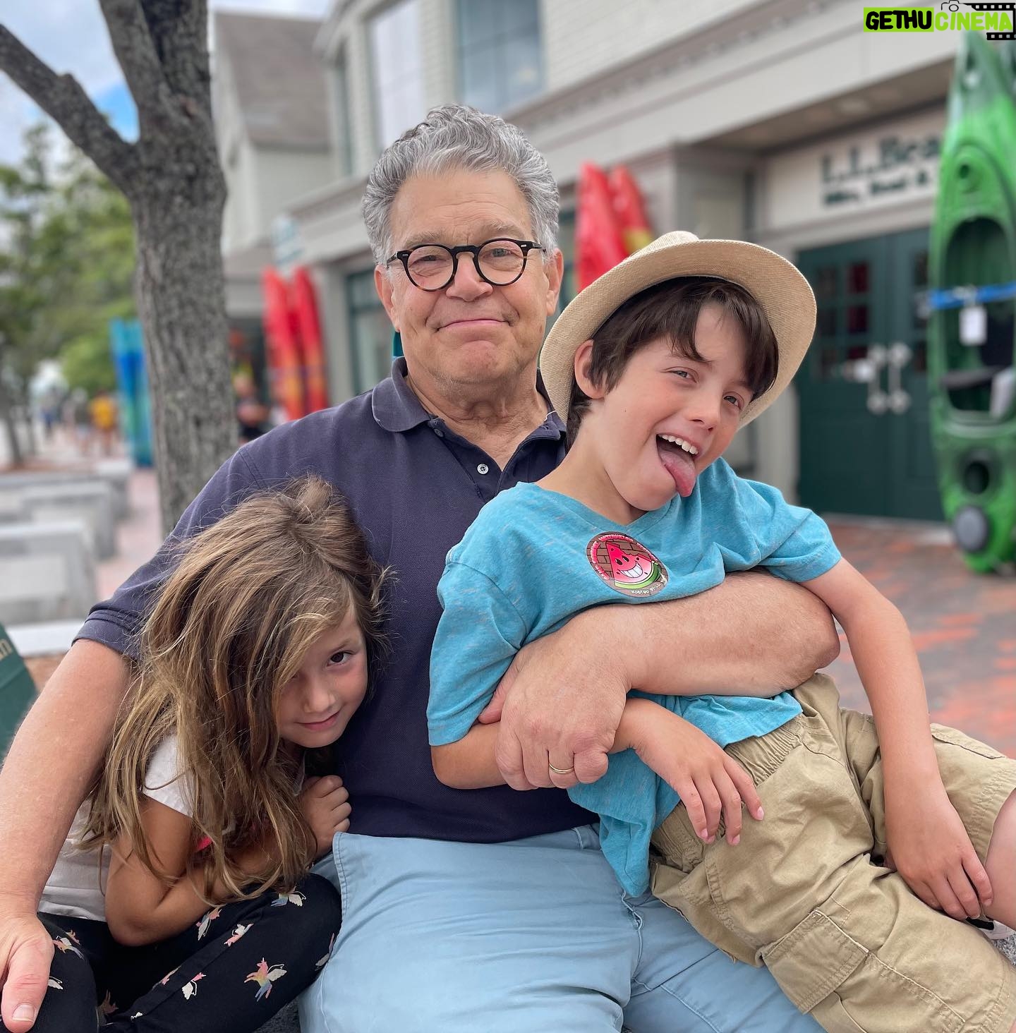Al Franken - 8.1K Likes - Spent the week in Maine visiting Franni’s family. Her mom is 99! Here’s me with grandkids Avery and Joe. Flying with them to LA to host Kimmel on Tuesday. I’m hosting not them.
