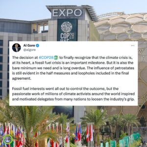 Al Gore Instagram - The decision at #COP28 to finally recognize that the climate crisis is, at its heart, a fossil fuel crisis is an important milestone. But it is also the bare minimum we need and is long overdue. The influence of petrostates is still evident in the half measures and loopholes included in the final agreement.

Fossil fuel interests went all out to control the outcome, but the passionate work of millions of climate activists around the world inspired and motivated delegates from many nations to loosen the industry’s grip.

Whether this is a turning point that truly marks the beginning of the end of the fossil fuel era depends on the actions that come next and the mobilization of finance required to achieve them.

We must ask ourselves how much longer will the world have wait before all nations summon the political will to overcome these narrow special interests and act on behalf of the future of humanity. It is up to all of us to hold our leaders accountable to their promise to transition away from fossil fuels once and for all.