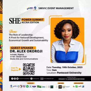 Alex Okoroji Instagram - What a pleasure to be invited as a Guest Speaker for the SHE Power Summit 2023 (Accra Edition) that held today at Pentecost University.

📢 I shared some insights on how Women's Leadership in Art, Media and Entertainment can Contribute to Pivoting National Development, Economic Growth and Sustainability. 

I sincerely believe when women lead, everyone WINS.

My sincere gratitude goes to Smivic Event Management, the Fort Group and G100-MAC Ghana led by the amazing @realnataliefort who also serves as partner to the event, for giving me the opportunity to add my voice and perspective to the important discussions. 

#AlexOkoroji #QueenofExpression #speaker #women #womenleadership #G100 #ghana #G100MACGhana #arts #media #entertainment #event #conference #summit #africa