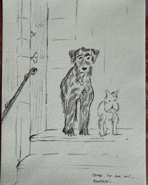 Alex Winter Instagram - Kid art of the doggos. The guilt that greets me every morning.